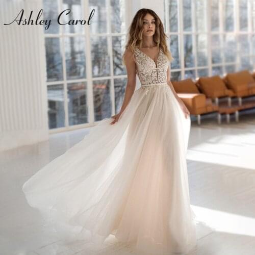 Ashley Carol A-Line Wedding Dress 2021 Flowy Beach Bride Dresses V-neck Beading Backless Appliques Sleeveless Boho Bridal Gown