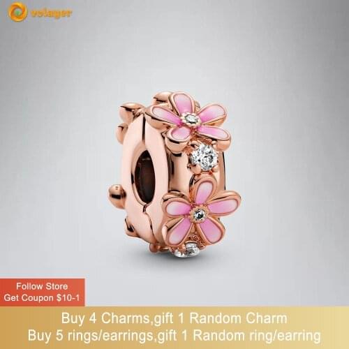 Volayer 925 Sterling Silver Pink Daisy Spacer Clip Charm fit Original Pandora Bracelets for Women DIY Jewelry Making