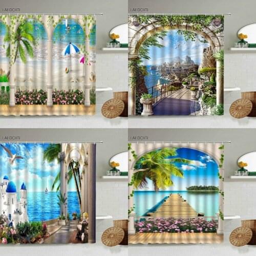 Ocean Scenery Shower Curtain Greece Arched Garden Window View Green Plants Flowers Natural Landscape Bathroom With Hooks Screen