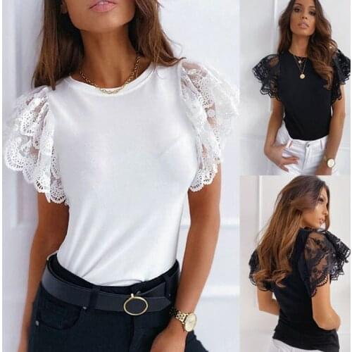 Ladies Lace T Shirt Women Casual White Black O-Neck Pullover Tops Summer Petal Short Sleeve Streetwear Tshirt Clothes Size S-XL