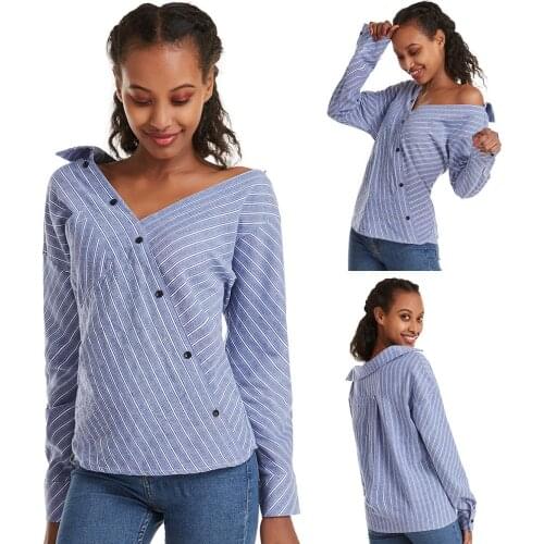 Women Fashion Cotton Formal Office Long Sleeve Turn Down V Collar Stripes Shirt Cotton Blouse Tops