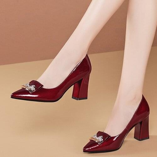 2021 High Quality Genuine Leather Square Heels Party Women Shoes Brand High Heels Wedding Ladies Shoes Women Heels Size:34-42