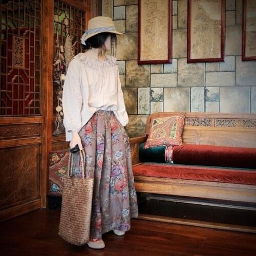 Johnature Women Vintage Print Floral Skirts Double Cotton Elastic Waist 2021 New Summer Soft Female Pleated Skirts