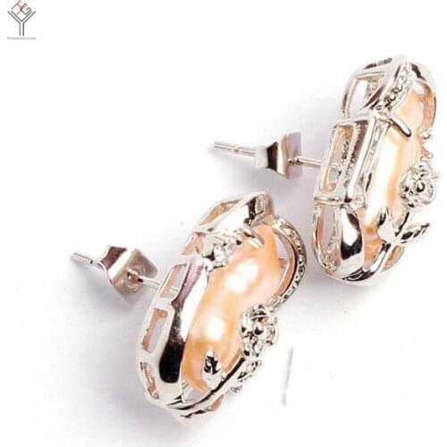 Women Jewelry Earring 8x15mm bright light pink baroque pearl rhinestone flower Stud Earring Natural Freshwater pearl