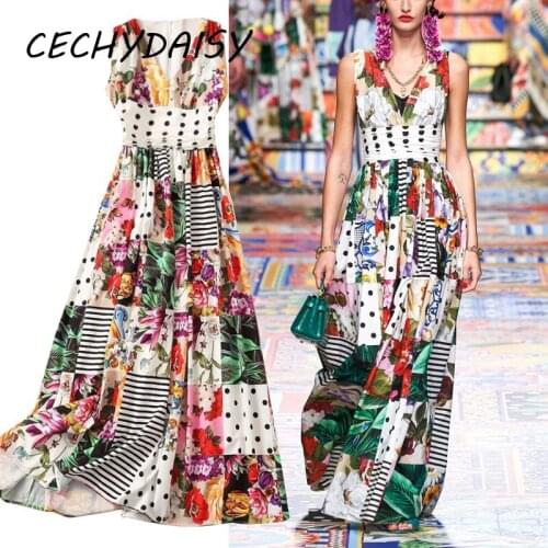 Runway 2021 Maxi Dress Sexy Sleeveless Floral Printed V-Neck Spring Summer Beach Boho Vacation Designer Brand Party Dresses Robe