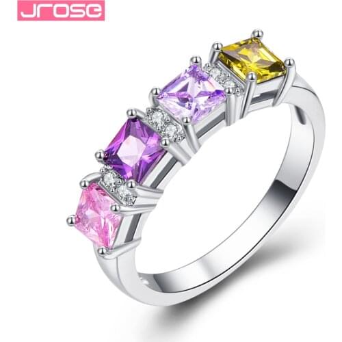 JROSE Princess Cut Women Multicolor Jewelry Purple Pink Cubbiz Zirconia Silver Ring Size 6 7 8 9 For Lady Wedding Ring Gift