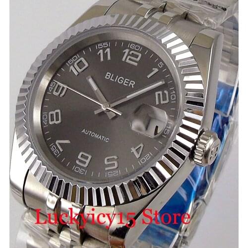 BLIGER Fluted Bezel Self Winding Men Watch 21 Jewels MIYOTA 8215 Grey Dial Steel Jubilee Bracelet Screw Crown