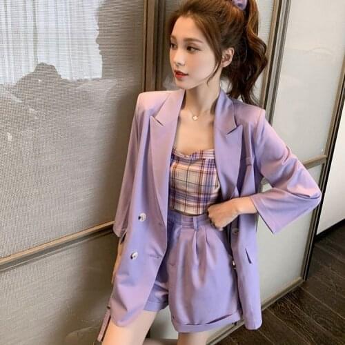 Purple small suit five-piece female summer new style small fresh suspender skirt French wide-leg pants retro suit