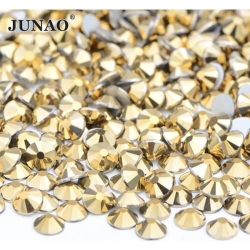JUNAO SS6 8 10 12 16 20 30 Gold Flat Back Crystal Nail Rhinestones Non Hotfix Glass Stones Shiny Gems Nail Art Decorations