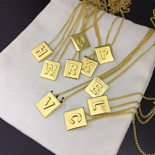 Brass Initial letter name square pendant women necklace luxury brand gold necklace 26 alphabet necklace designer