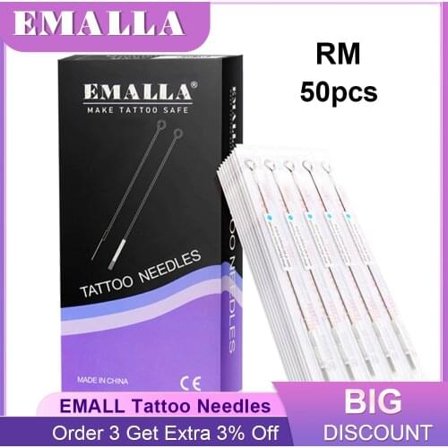 EMALLA 50PCS 0.35mm 5/7/9/11/13/15RM Tattoo Needles Disposable Assorted Sterile Round Magnum Needles for Kits Tattoo Supplies