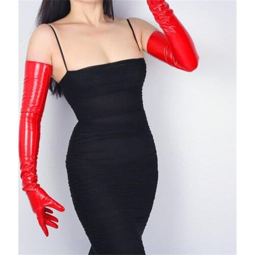 70cm Extra Long Leather Gloves Emulation Leather Slim Hand Sexy Female Big Red Patent Leather Red Women Gloves PU09-70