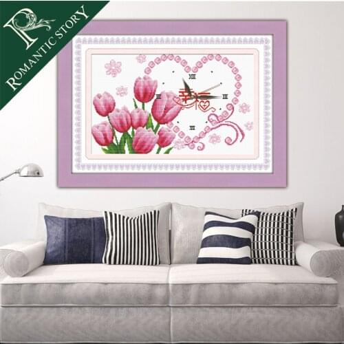 Romantic Story Clock Tulips Home Decorations Cross Stitch Needlework DIY 11CT Printing Cross Stitch Sets For Embroidery Kits