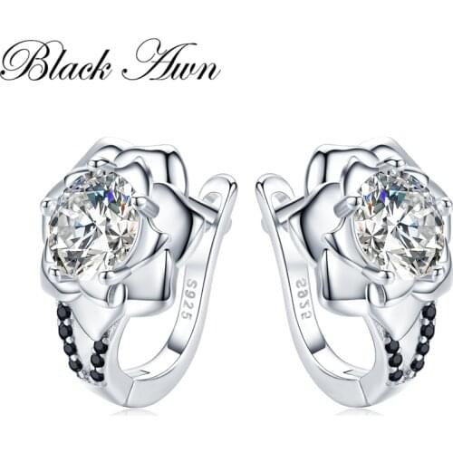 [BLACK AWN] 925 Sterling Silver Round Black Trendy Spinel Engagement Flower Hoop Earrings for Women Fine Jewelry Bijoux I152