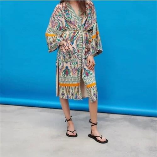 MESTTRAF Women 2021 Fashion With Belt Totem Print Kimono Blouses Vintage Three Quarter Sleeve Side Vents Female Shirts