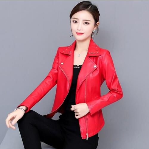 2021 Spring New Female Fashion Motorcycle Leather Jacket Women Short Korean Slim V-neck Sheepskin Coat Lapel Zipper Rivet Trend