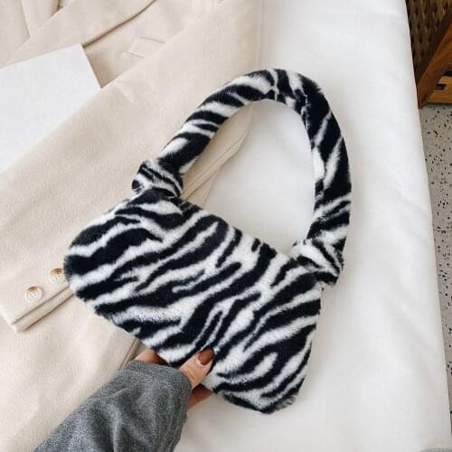 Fashion Animal Printed Shoulder Underarm Bags Women Casual Plush Soft Fluffy Handbag Ladies Daily Street Travel Top-handle Purse
