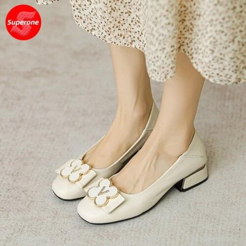 Superone Style Square Head Leather Womens Shoes Thick Heel French Shallow Mouth Single Shoe Low Heel Soft Sole Casual Leather