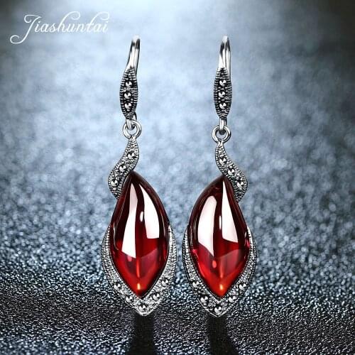 JIASHUNTAI Retro Silver Earrings for Women Vintage 925 Sterling Silver Red Long Earrings Jewelry Female
