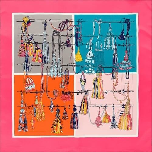 POBING 100% Silk Scarf Women Square Scarves Wraps 2017 Rope Tassel Print Neckerchief Female Foulard Silk Hijab Lady Bandanas