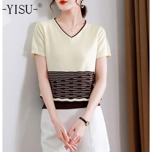 YISU Thin section Summer Womens sweaters Summer tops Stitching color V-Neck Short sleeve Jumper Sweater Casual Knitted Pullover
