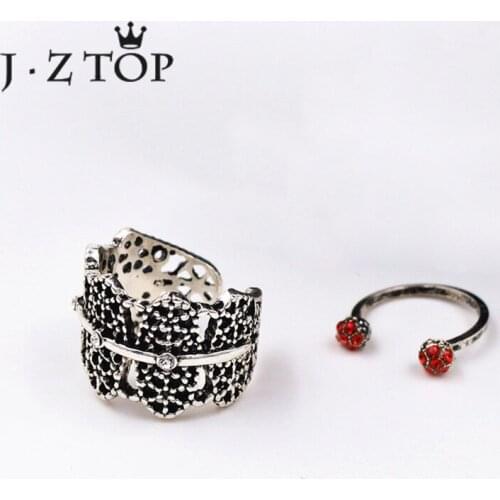 JZTOP Retro Punk Hpllow Flower Ring Set For Woman Vintage Crystal Silver Color Finger Rings Female Statement Jewelry 2 Pc/set