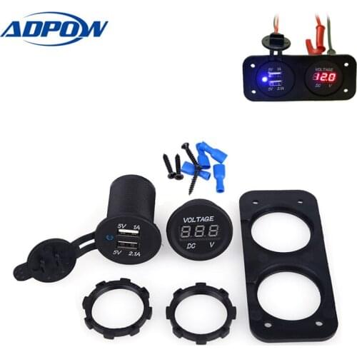 2-In-1 Waterproof DC 12V Dual USB Port Power Socket LED Digital Display Voltmeter Panel Mount Car Motorcycle Charger Adapter