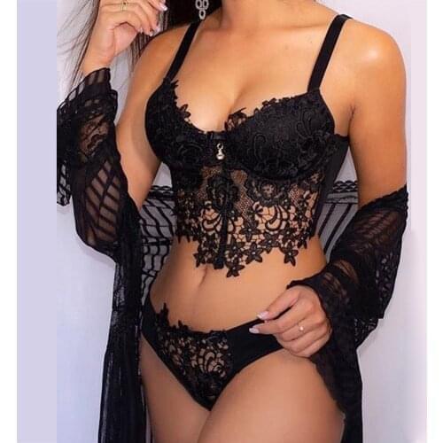 40# Large Size Bra Set Push Up Seamless Embroidery Lace Sexy Lingerie Plus Size Women Transparent G-string Underwear Suit Female