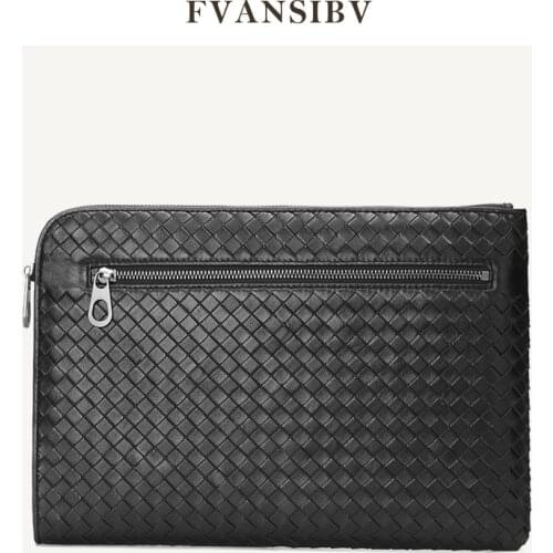 Business Mens Clutch Bag 100% Genuine Leather Sheepskin Woven Luxury Brand Envelope Bag Multi-Function Large Capacity A4 Paper
