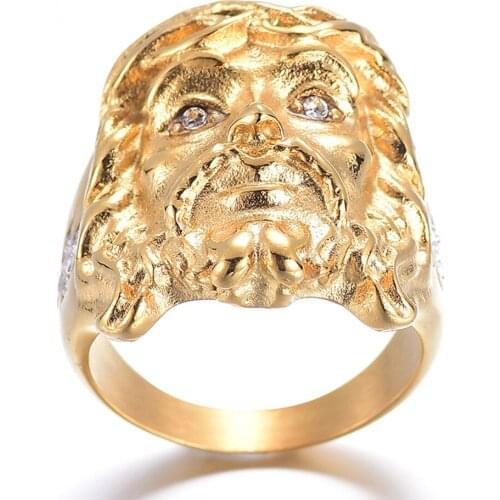 European and American personality fashion jewelry Golden hip hop lion head with ring Alloy Jesus cross mens rings