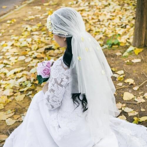 ZMV42 Elegant Flowers Marriage Bridal Wedding Veils with Pearls White Ivory Tulle with Diamonds Veil for Bride Lace Applique