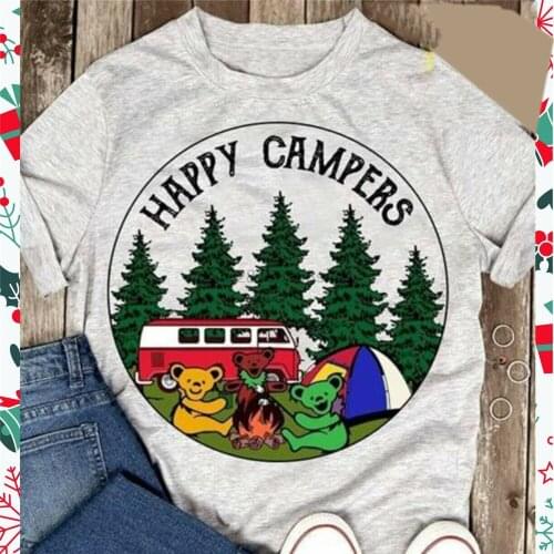 Grateful Dead Bears Happy Campers Camping T Shirt Gray Size S-3Xl Cotton Short Sleeve Tee Shirt