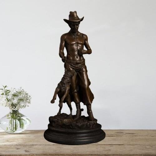 Ivorique DS-309 bronze metal craft sculpture western design cowboy with dog figurines sculpture for table decoration