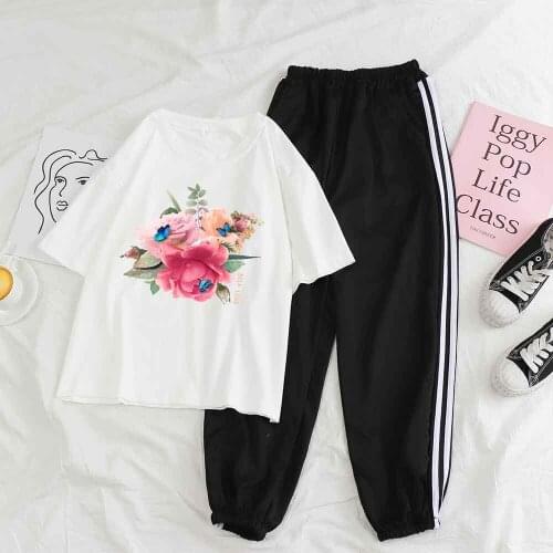 Pants Suits for Women 2 Piece Set Women Summer Modal T Shirt Flower Butterfly Print Streetwear T Shirt Vintage Trousers Joggers