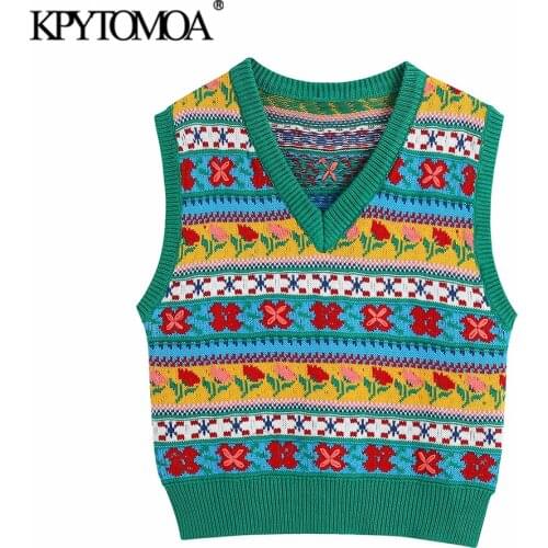 KPYTOMOA Women 2021 Fashion Floral Knit Jacquard Vest Sweater Vintage V Neck Sleeveless Female Waistcoat Chic Tops