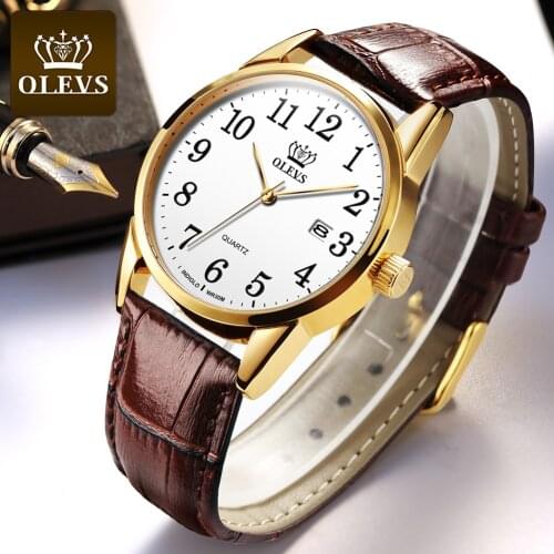 OLEVS Hot Selling Fashion Mens Watch Arabic Numeral Leather Casual Quartz Watch Mens Simple Style Watch