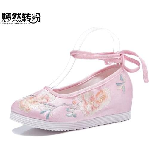 Lolita Women Cotton Flat Ladies Ankle Strap Comfort Casual Flats Retro Chinese Floral Embroidered Increase Heel Shoes Woman