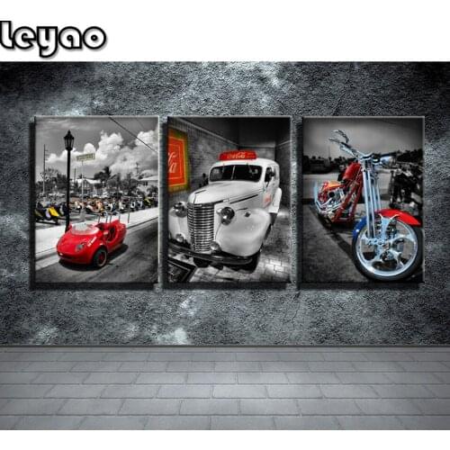 5D Diamond Painting square 3 pieces Cool Cars and Motorcycle Full Drill Diamond Embroidery New Arrival Home Decor Sale Triptych