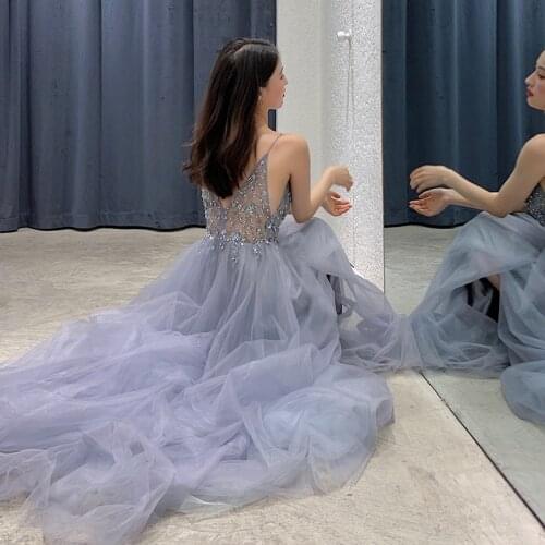 New grey bead v neck small training sexy lady girl women princess banquet party prom performance dance ball dress gown free ship