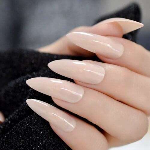 Extra Long Nude Fake Nail Stiletto Light Brown Adhesive Simple Artificial Nails Pointed Full Cover Salon Nail Tips