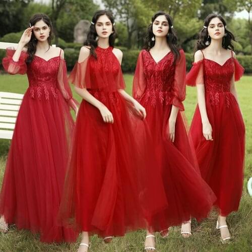 Bridesmaids Dresses Illusion Off The Shoulder Burgundy Sequined V-Neck Embroidery A-Line Lace Tulle Lady Wedding Party Gown E153