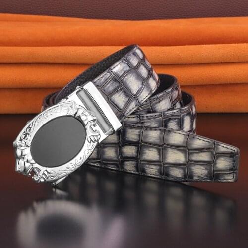 High Quality genuine leather automatic buckle belts men luxury lion buckle Crocodile pattern leather Western style Waist strap