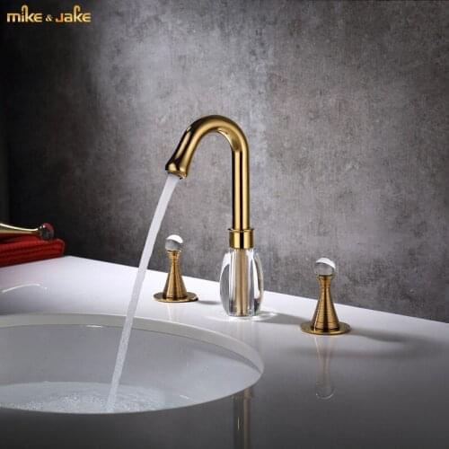 Widespread bathroom faucet crystal gold luxury basin sink mixer hot and cold double handle sink gold crystal tap
