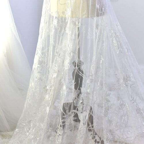 Embroidered bud silk gauze fabric white sequin wedding dress luxury designer fabric