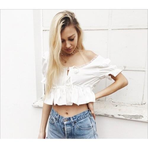 Young Style Women Blouses Ruffles Crop Top Puff Short Sleeve Chiffon Shirts Lady Lace Up Bow White Crop Tops Off Shoulder Top