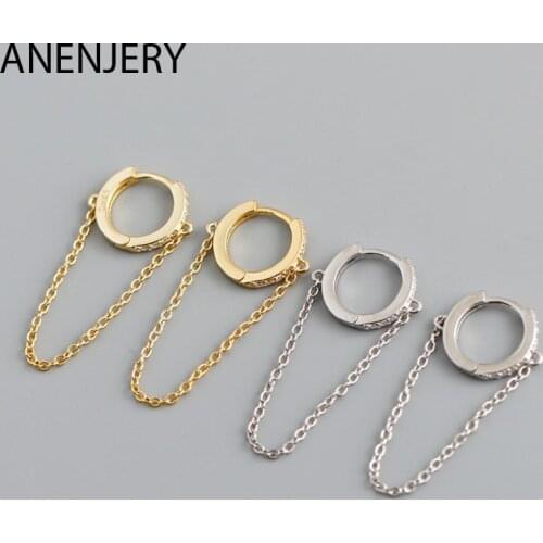 ANENJERY 925 Sterling Silver Chain Tassel Hoop Earrings For Women Simple Temperament Zircon Circle Ear Buckle Ornaments