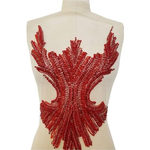 1Piece Handmade White Silver Red Sew on Rhinestones Applique Patches Handsewing Beads Stones Wedding Dress Accessory 29x42cm