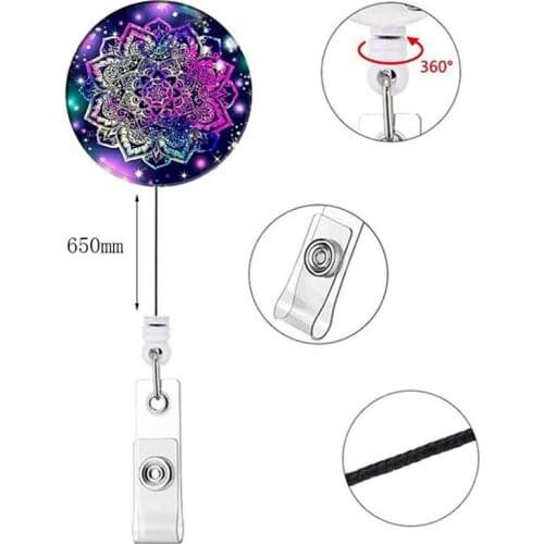 1 Pcs Retractable Mandala Flower Doctor Nurse Badge Reel Fashion ID Badge Holder With 360 Rotating Alligator Clip