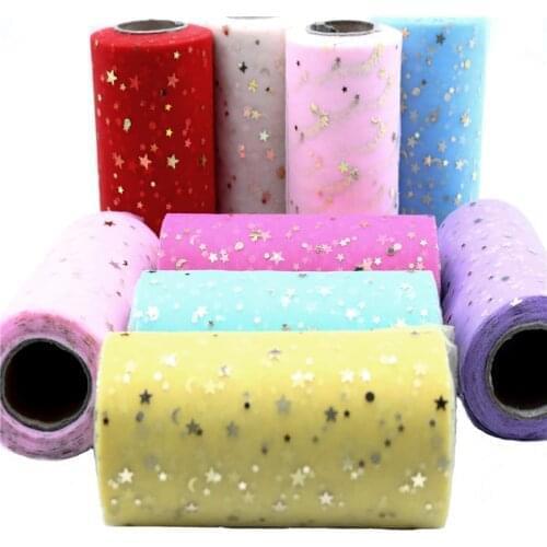 25 Yards Golden Star Moon Tulle Sequin Fabric for Baby Shower Wedding Party Decorations Table Skirt Hair Clip DIY Craft Supplies
