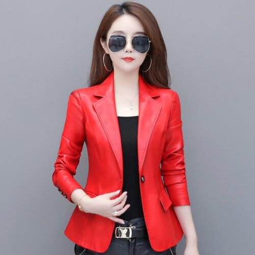 5XL Women Red Faux Leather Blazers Large Plus Size Female Slim Fashionable Black PU Leather Jacket Oversize Yellow Short Coat